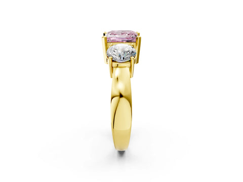 Yellow gold Three-Stone Fancy Pink Princess Cut Diamond Ring with Round Side Stones, Classic Band, and Four-Prong Setting_2