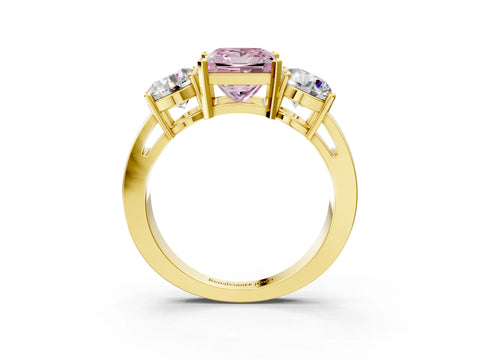 Yellow gold Three-Stone Fancy Pink Princess Cut Diamond Ring with Round Side Stones, Classic Band, and Four-Prong Setting_3
