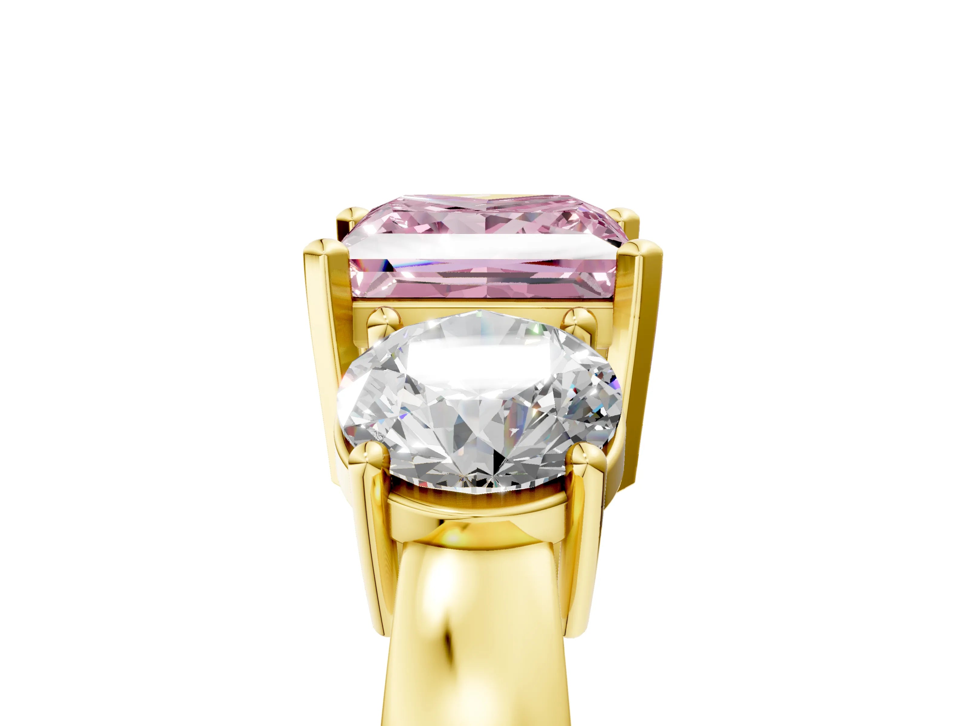 Yellow gold Three-Stone Fancy Pink Princess Cut Diamond Ring with Round Side Stones, Classic Band, and Four-Prong Setting_5