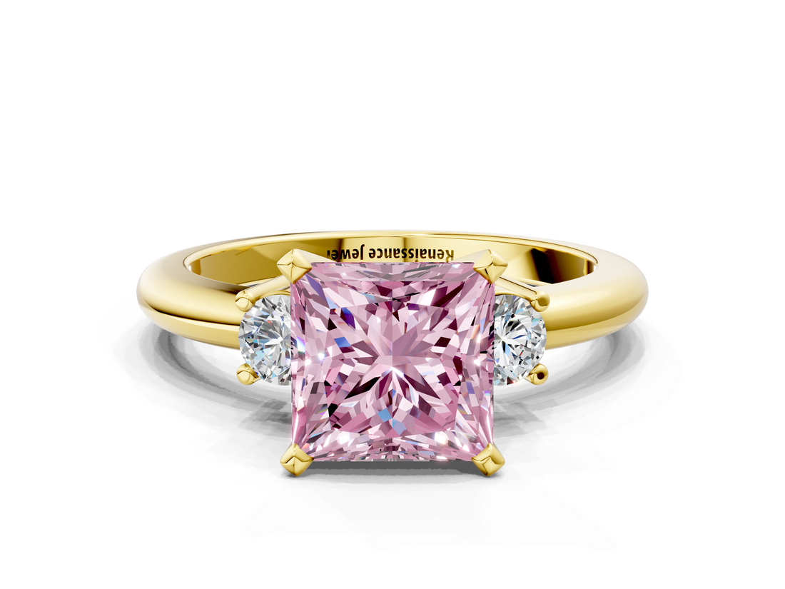 Yellow gold Three-Stone Fancy Pink Princess  Cut Diamond Solitaire with Prong Setting and Classic Band