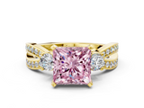 Yellow gold Three-Stone Fancy Pink Princess  Cut Diamond Twist Band with Prong Setting