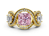 Yellow gold Three-Stone Fancy Pink Princess Cut Diamond Wave Pave Band with Prong Setting_6