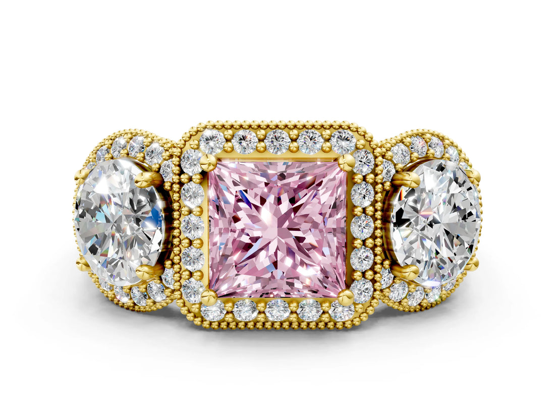 Yellow gold Three-Stone Fancy Pink Princess Cut Halo Diamond Milgrain Band with Four-Prong Setting