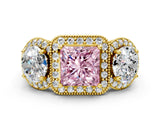 Yellow gold Three-Stone Fancy Pink Princess Cut Halo Diamond Milgrain Band with Four-Prong Setting