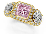 Yellow gold Three-Stone Fancy Pink Princess Cut Halo Diamond Milgrain Band with Four-Prong Setting_1