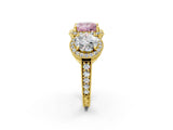 Yellow gold Three-Stone Fancy Pink Princess Cut Halo Diamond Milgrain Band with Four-Prong Setting_2