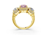 Yellow gold Three-Stone Fancy Pink Princess Cut Halo Diamond Milgrain Band with Four-Prong Setting_3