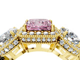 Yellow gold Three-Stone Fancy Pink Princess Cut Halo Diamond Milgrain Band with Four-Prong Setting_4