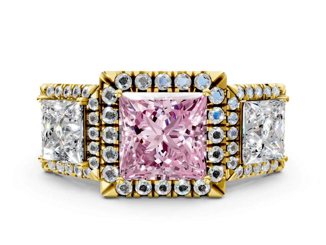 Yellow gold Three-Stone Fancy Pink Princess Cut Halo Diamond Ring with Pave Band and Four-Prong Setting