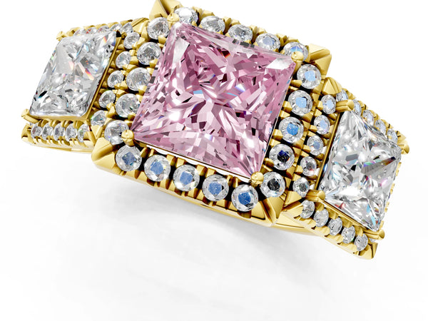 Yellow gold Three-Stone Fancy Pink Princess Cut Halo Diamond Ring with Pave Band and Four-Prong Setting
