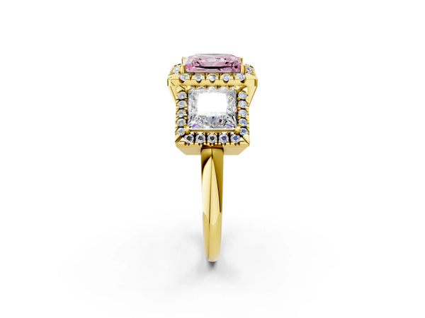 Yellow gold Three-Stone Fancy Pink Princess Cut Halo Diamond Ring with Pave Band and Four-Prong Setting
