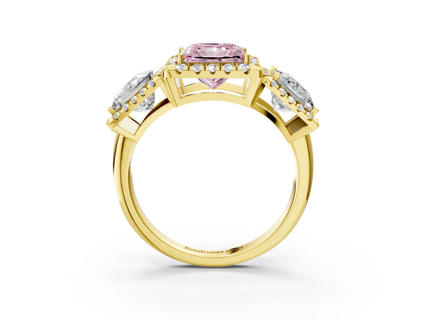 Yellow gold Three-Stone Fancy Pink Princess Cut Halo Diamond Ring with Pave Band and Four-Prong Setting