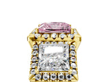 Yellow gold Three-Stone Fancy Pink Princess Cut Halo Diamond Ring with Pave Band and Four-Prong Setting_5