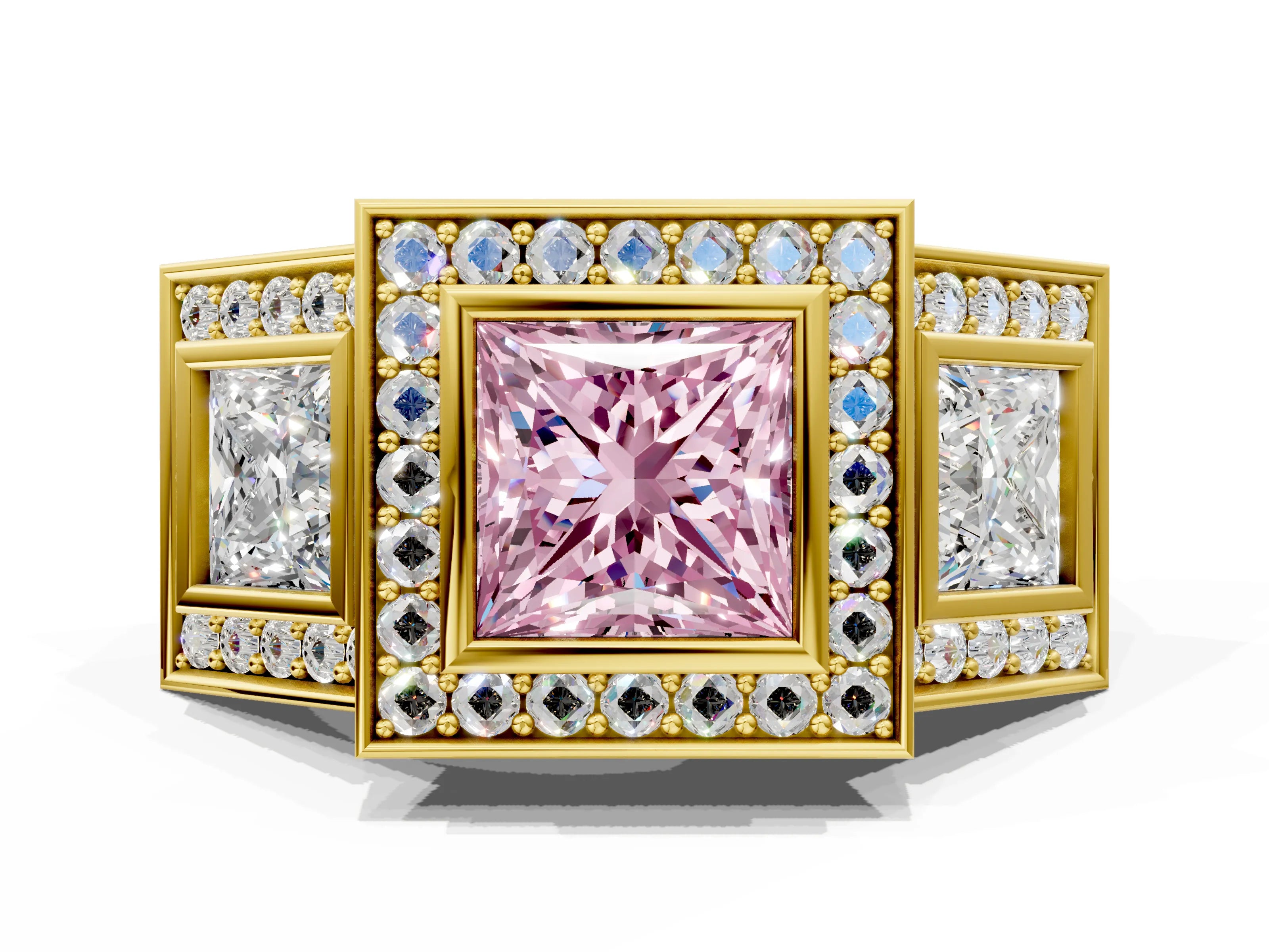 Yellow gold Three-Stone Fancy Pink Princess Cut Halo Pavé Diamond Ring
