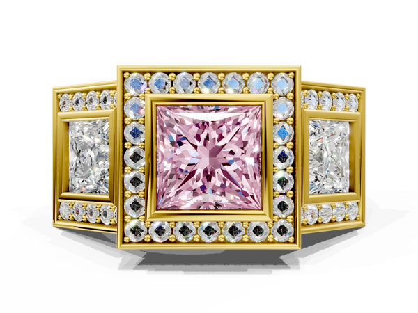 Yellow gold Three-Stone Fancy Pink Princess Cut Halo Pavé Diamond Ring