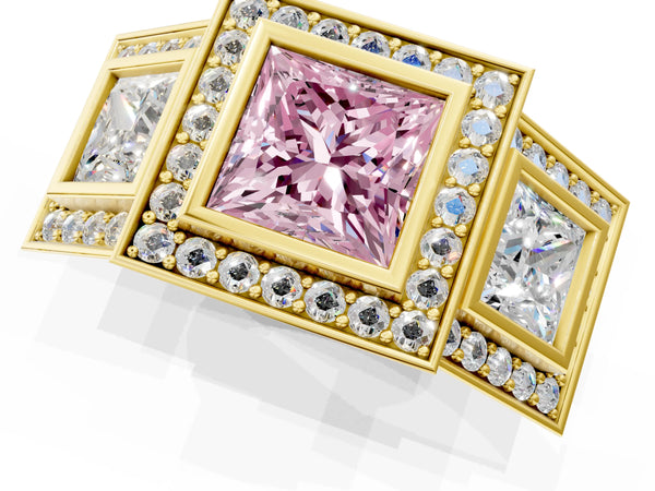 Yellow gold Three-Stone Fancy Pink Princess Cut Halo Pavé Diamond Ring