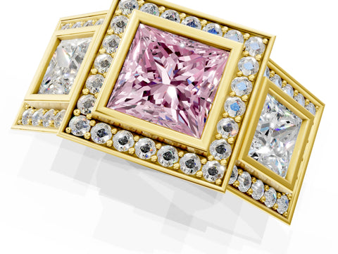Yellow gold Three-Stone Fancy Pink Princess Cut Halo Pavé Diamond Ring_1