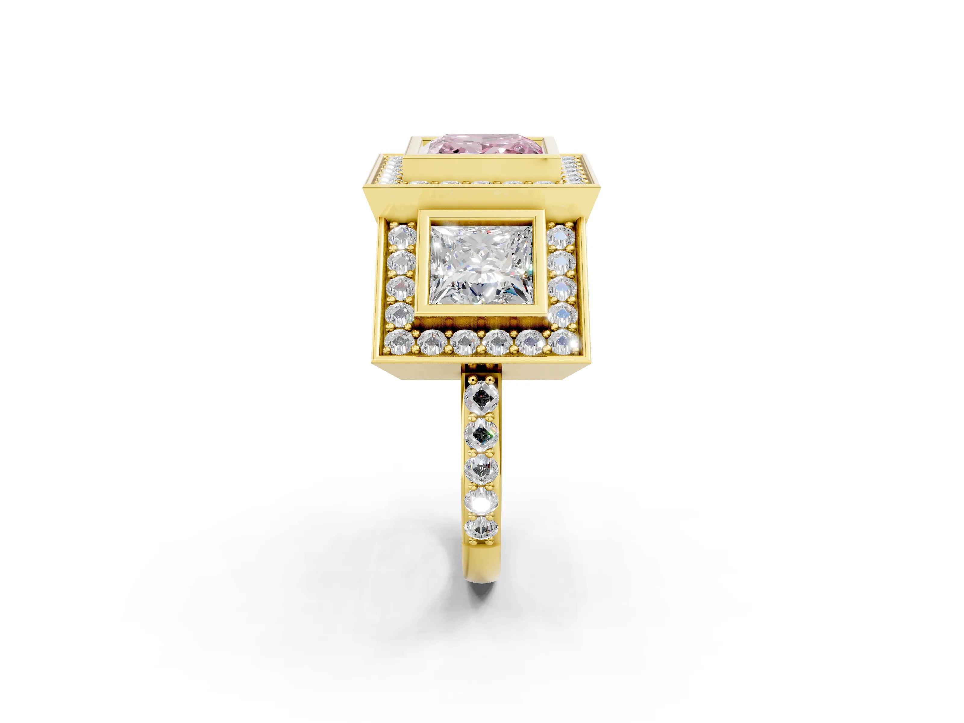 Yellow gold Three-Stone Fancy Pink Princess Cut Halo Pavé Diamond Ring_2