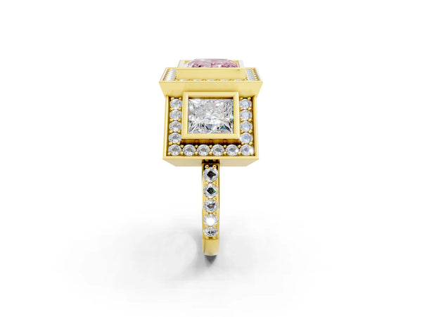 Yellow gold Three-Stone Fancy Pink Princess Cut Halo Pavé Diamond Ring