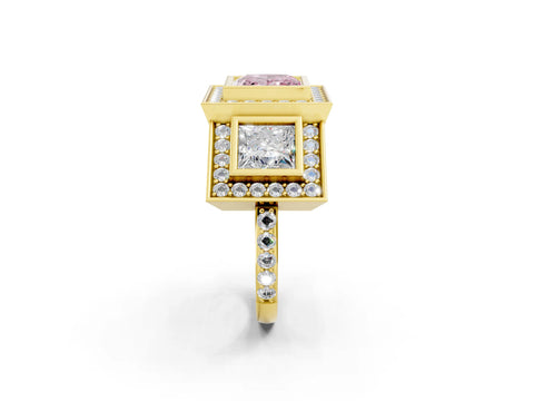 Yellow gold Three-Stone Fancy Pink Princess Cut Halo Pavé Diamond Ring_2