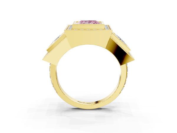 Yellow gold Three-Stone Fancy Pink Princess Cut Halo Pavé Diamond Ring