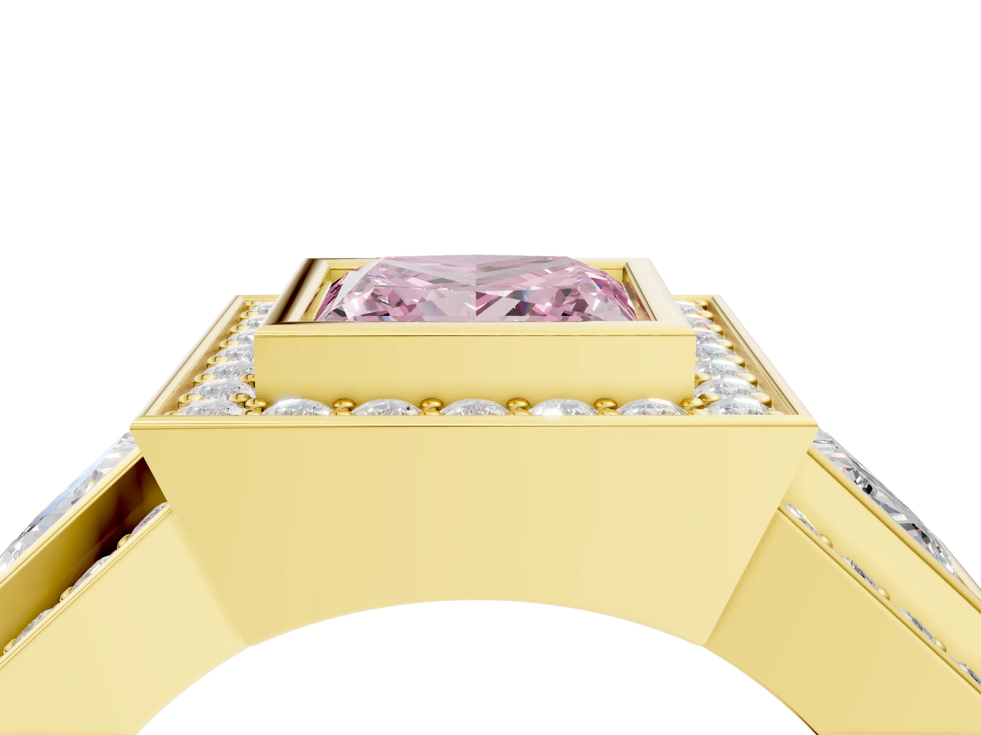 Yellow gold Three-Stone Fancy Pink Princess Cut Halo Pavé Diamond Ring_4