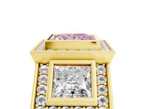 Yellow gold Three-Stone Fancy Pink Princess Cut Halo Pavé Diamond Ring_5