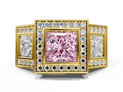 Yellow gold Three-Stone Fancy Pink Princess Cut Halo Pavé Diamond Ring