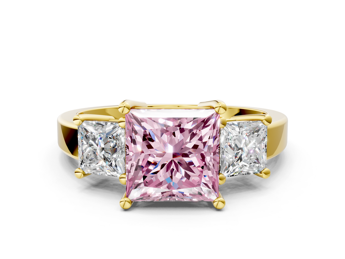 Yellow gold Three-Stone Fancy Pink Princess  Cut Solitaire Ring with Prong Setting_3