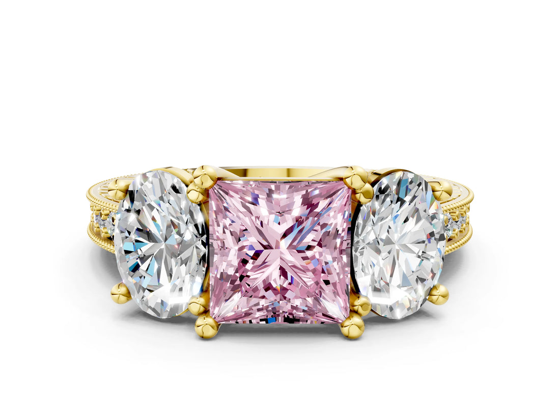 Yellow gold Three-Stone Fancy Pink Princess  Diamond Milgrain Pave Band with Prong Setting 1