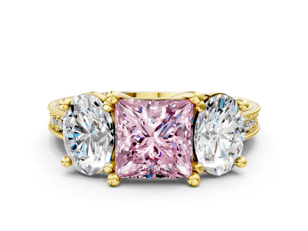 Yellow Gold Princess Cut Three-Stone Engagement Ring Setting for Fancy Pink Center with Pave Band