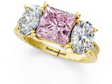 Yellow gold Three-Stone Fancy Pink Princess  Diamond Milgrain Pave Band with Prong Setting 2