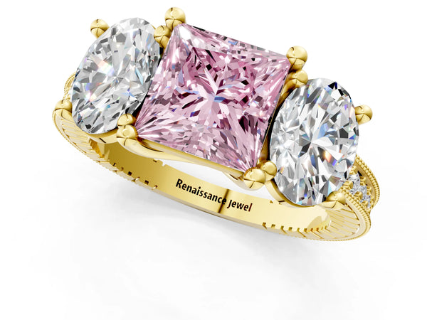 Yellow Gold Princess Cut Three-Stone Engagement Ring Setting for Fancy Pink Center with Pave Band