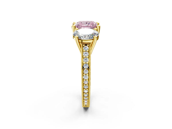 Yellow Gold Princess Cut Three-Stone Engagement Ring Setting for Fancy Pink Center with Pave Band
