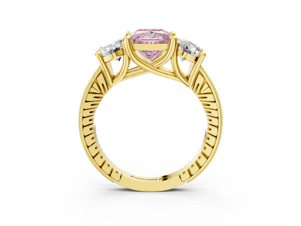 Yellow Gold Princess Cut Three-Stone Engagement Ring Setting for Fancy Pink Center with Pave Band