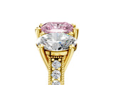 Yellow gold Three-Stone Fancy Pink Princess  Diamond Milgrain Pave Band with Prong Setting