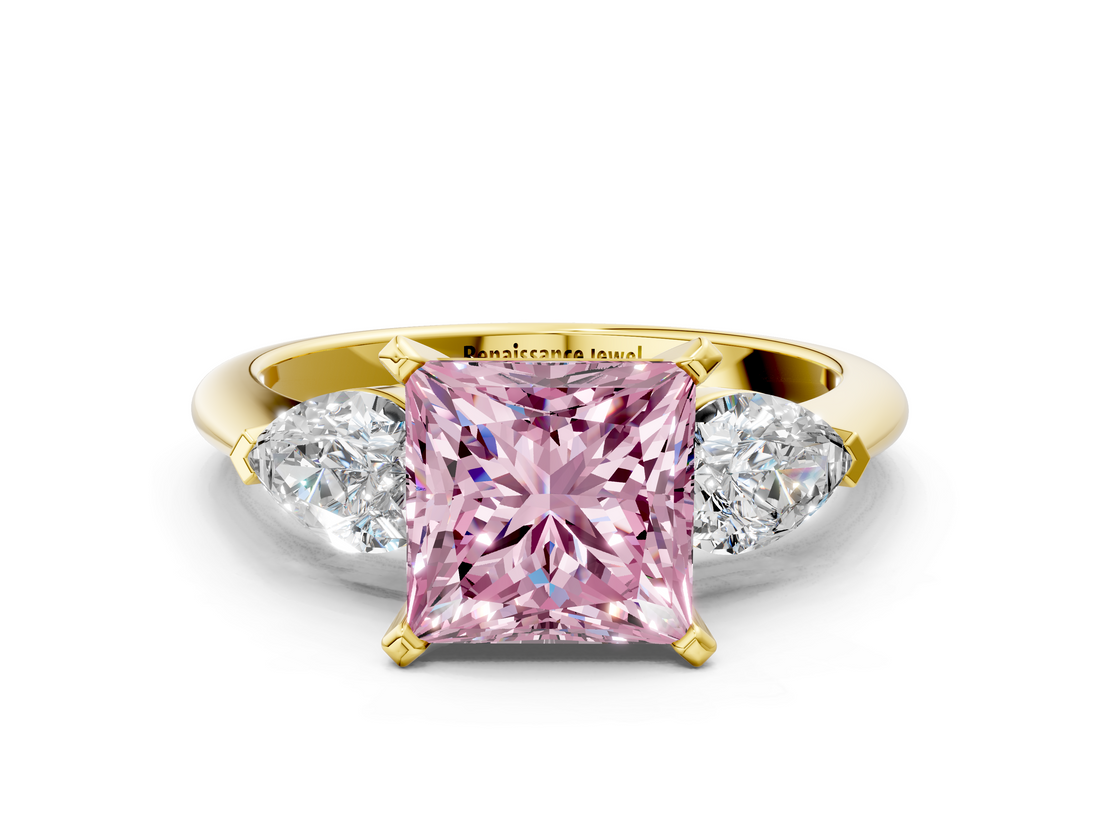 Yellow gold Three-Stone Fancy Pink Princess  Diamond Ring with Pear Side Stones in Four-Prong Setting