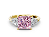 Yellow gold Three-Stone Fancy Pink Princess  Diamond Ring with Pear Side Stones in Four-Prong Setting