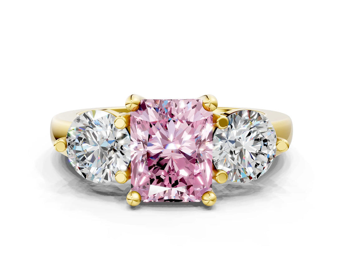 Yellow gold Three-Stone Fancy Pink Radiant  Brilliant Cut Solitaire Ring with Prong Setting on a Classic Band 2