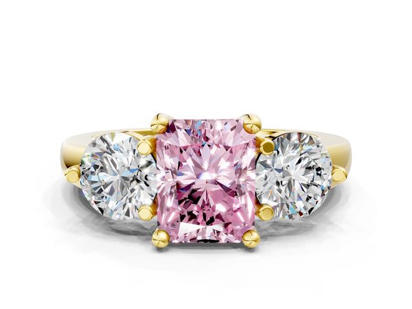 Yellow Gold Radiant Cut Classic Three Stone Engagement Ring Setting for Fancy Pink Center