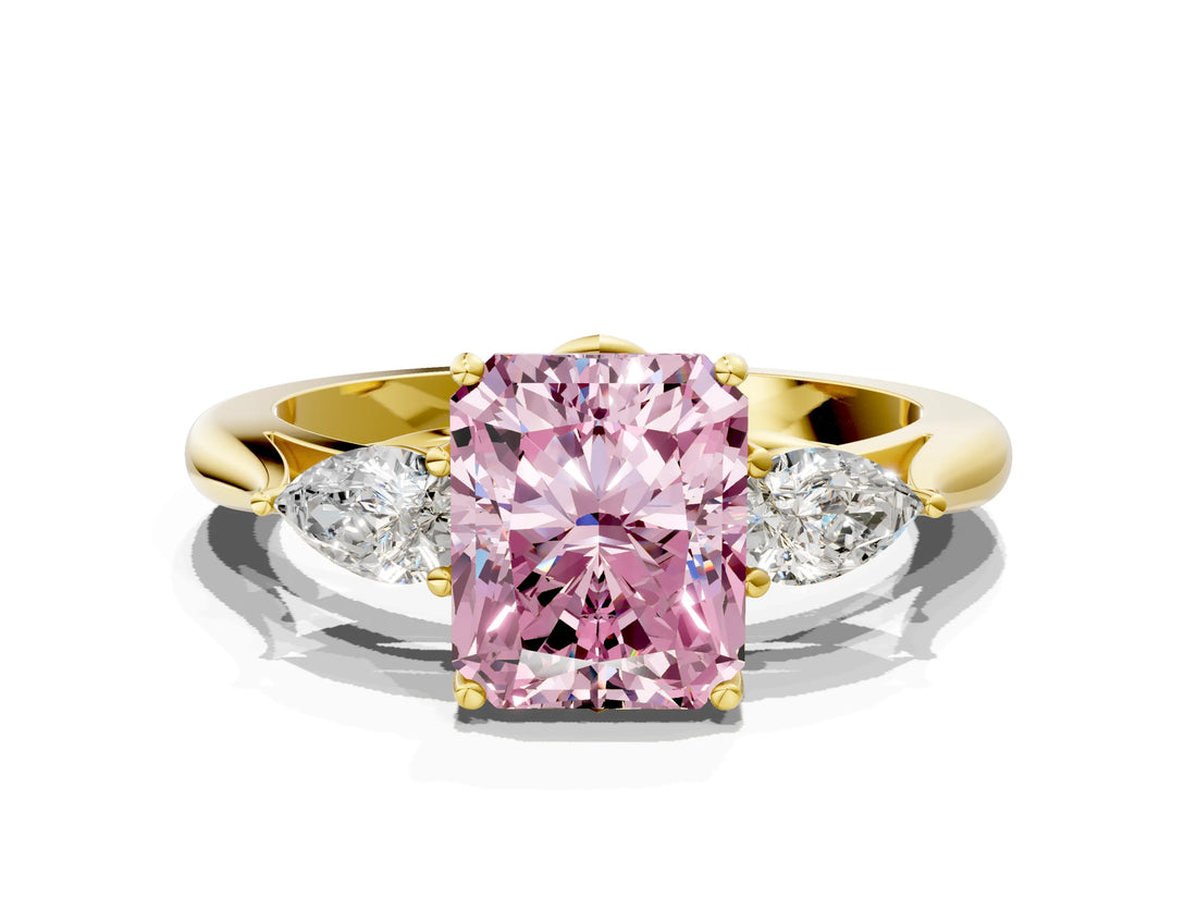 Yellow gold Three-Stone Fancy Pink Radiant Cut Brilliant Diamond Solitaire Ring with Tapered Band and Four-Prong Setting_6
