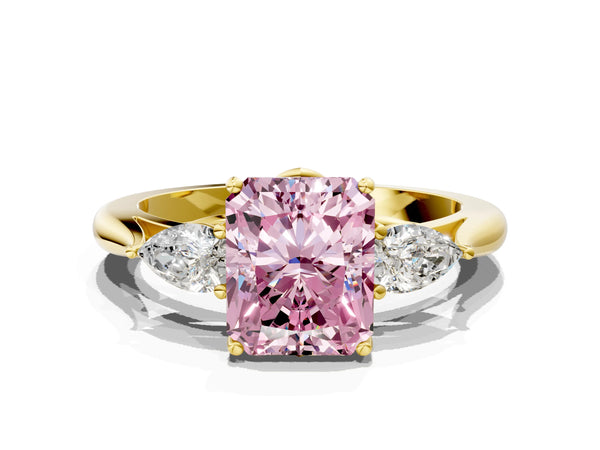 Yellow gold Three-Stone Fancy Pink Radiant Cut Brilliant Diamond Solitaire Ring with Tapered Band and Four-Prong Setting
