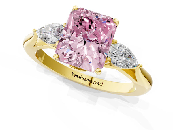 Yellow gold Three-Stone Fancy Pink Radiant Cut Brilliant Diamond Solitaire Ring with Tapered Band and Four-Prong Setting