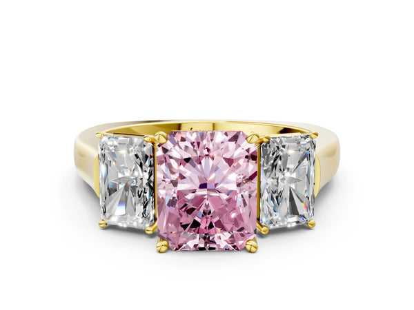 Yellow gold Three-Stone Fancy Pink Radiant Cut Brilliant Diamond Trellis Ring with Comfort Fit Band
