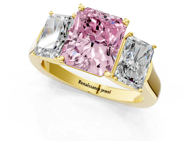 Yellow gold Three-Stone Fancy Pink Radiant Cut Brilliant Diamond Trellis Ring with Comfort Fit Band