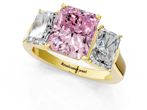 Yellow gold Three-Stone Fancy Pink Radiant Cut Brilliant Diamond Trellis Ring with Comfort Fit Band_1