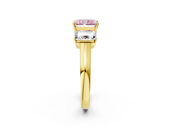 Yellow gold Three-Stone Fancy Pink Radiant Cut Brilliant Diamond Trellis Ring with Comfort Fit Band