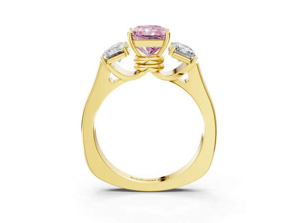 Yellow gold Three-Stone Fancy Pink Radiant Cut Brilliant Diamond Trellis Ring with Comfort Fit Band