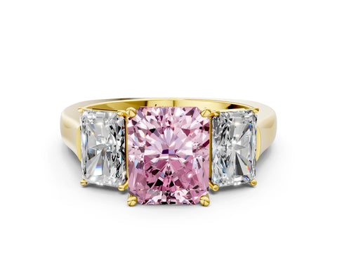 Yellow gold Three-Stone Fancy Pink Radiant Cut Brilliant Diamond Trellis Ring with Comfort Fit Band