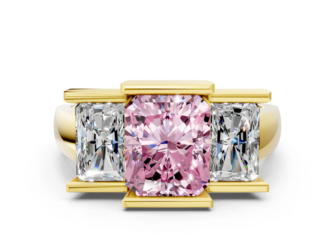 Yellow gold Three Stone Fancy Pink Radiant Cut Cut Channel Set Diamond Ring